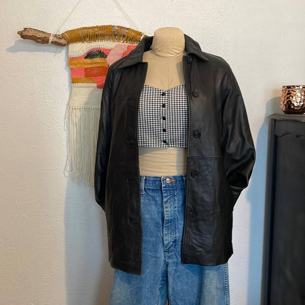 Y2K Buttery soft black leather 90’s minimalist boxy oversized mid length jacket